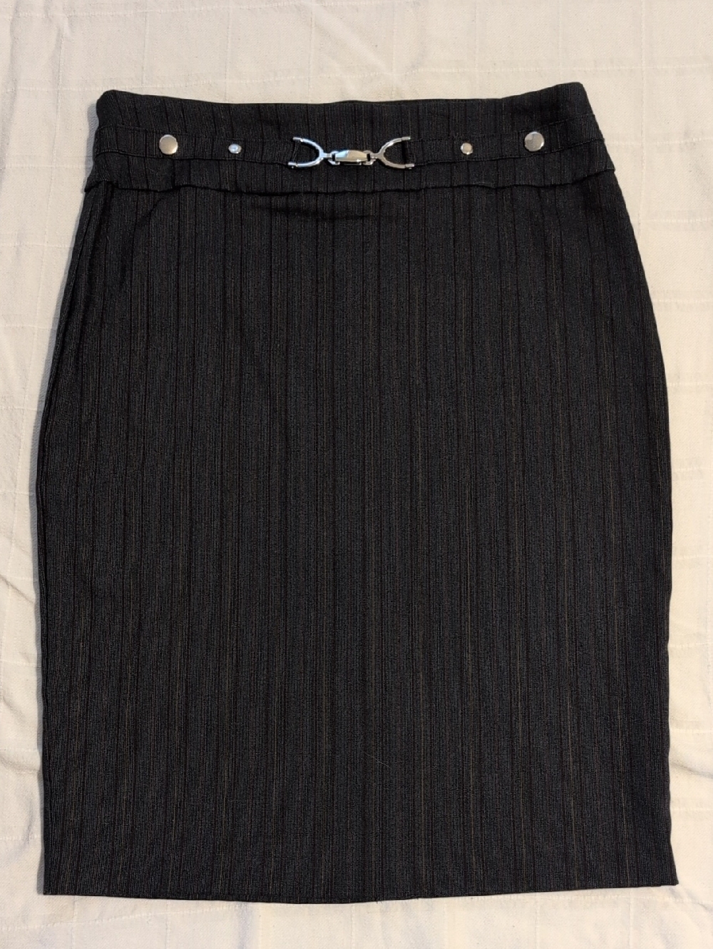 Soho Apparel Dark Grey Striped Pencil Skirt with Silver Buckle Detail
